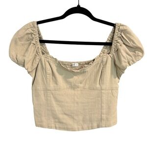 Ardene Tan Crop Top Womens S Puff Sleeve Linen Blend Smocked Back Square Neck